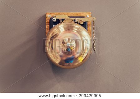 Retro Bronze Gong. Boxing Gong. Vintage Gong Alloy. Old Bell Gong On Wall. Boxing Bell. Result Alarm
