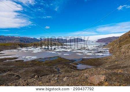 Hoffelsjokull Glacier And Lagoon In South Iceland On A Summer Day