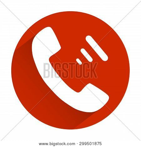 Flat Red Phone Icon On Gray Background With Shadow