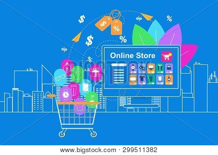 Online Store. White Shopcart And Different Mobile Application Icons On Blue Background With Outline 