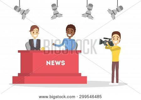 Shooting News Show In The Studio. Newscaster