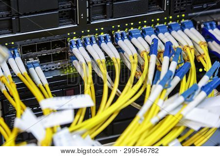 Internet Wires Fiber Optic Connecting On Core Network Swtich In Server