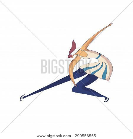 Figure Skater Girl In Blom Blue Suit. Vector Illustration On White Background.