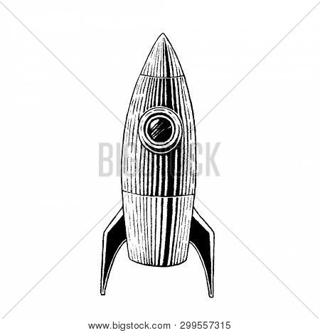 Vector Illustration of a Scratchboard Style Ink Drawing of a Striped Rocket