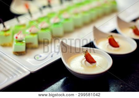 Close Up Delicious Dessert Pastry Cakes In The Hotel. Fresh Colourful Sweet Berry Desserts, Beautifu