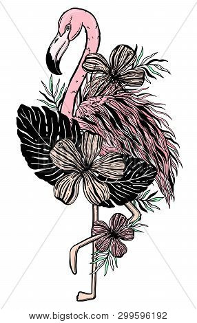 Flamingo Tattoo Tropical Animal Bird. Summer Nature Drawing. Black And Pink Color Isolated Ina White