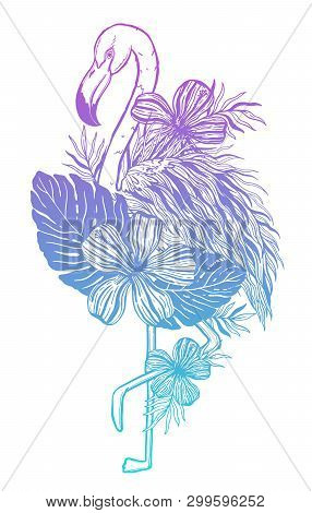 Flamingo Tattoo Tropical Animal Bird. Summer Nature Drawing. Gradient Color Isolated Ina White Backg
