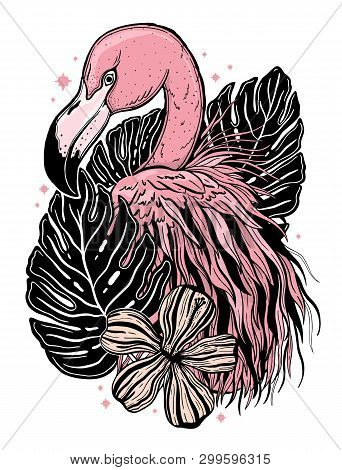 Flamingo Tattoo Tropical Animal Bird. Summer Nature Drawing. Black And Pink Color Isolated Ina White