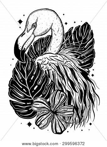 Flamingo Tattoo Tropical Animal Bird. Summer Nature Drawing. Black Color Isolated Ina White Backgrou