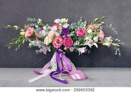 Bridal Bouquet From Pink Roses With Silk Ribbons