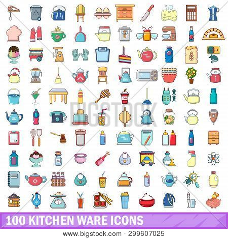 100 Kitchen Ware Icons Set. Cartoon Illustration Of 100 Kitchen Ware Icons Isolated On White Backgro