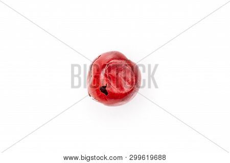 One Whole Peruvian Pink Pepper Macro Flatlay Isolated On White Background