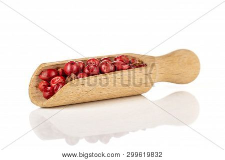 Lot Of Whole Peruvian Peppercorns In A Wooden Scoop Isolated On White Background
