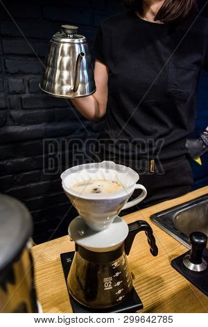 Preparation Process An Alternative Method Of Coffee In Cafe. Pour Over V60. Funnel And Server. Work 