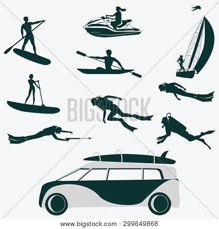 Silhouettes Diver, Surfer, Water Bike, Sailboat, Kayak. Car For Transporting Tourists - Vector. Life