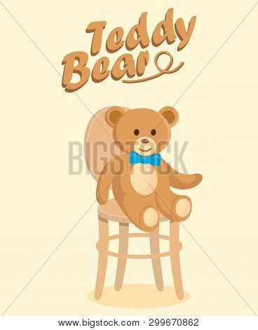 Soft Plush Toy With Bow Tie Flat Vector Drawing. Cute Teddy Bear Character Cartoon Illustration With