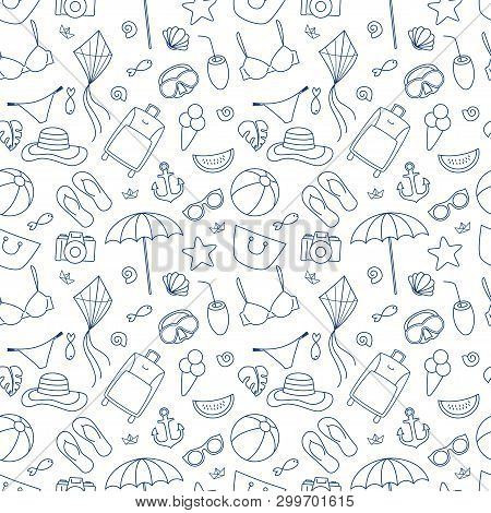 Summer Seamless Pettern. Vector Illustration In Doodle Line Art Style For Surface Design, Fabric, Te