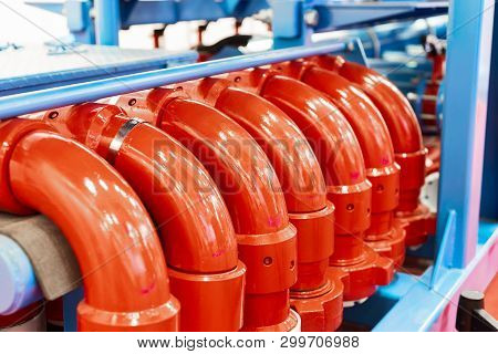 Drilling Equipment. Manifold Unit, A Lot Of Powerful Pipelines And Valves.