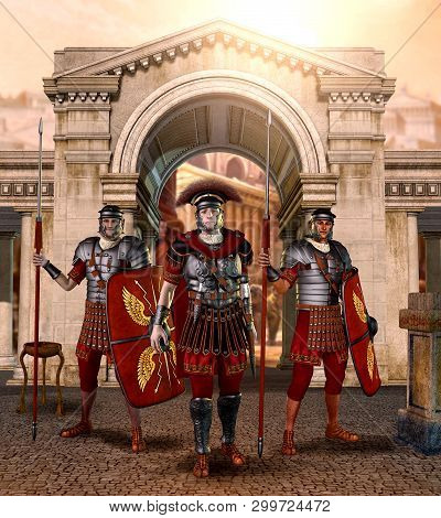 Entrance Gate To The Ancient Eternal City Of Rome Guarded By Soldiers, 3d Render
