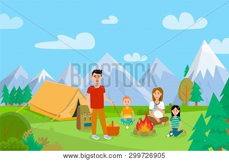 Summer Holiday On Nature Cartoon Illustration. Camping With Family Vector Drawing. Tent In Mountains