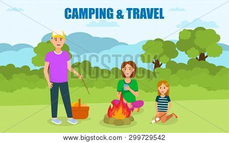 Camping And Travel Flat Banner With Lettering. Summer Holiday, Vacation. Outdoor Activities On Natur