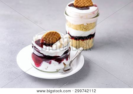 Healhy Diet Dessert In Glass Jar Tasty Dessert With Yogurt Diet Jam And Almond Cookies In Jars Fitne