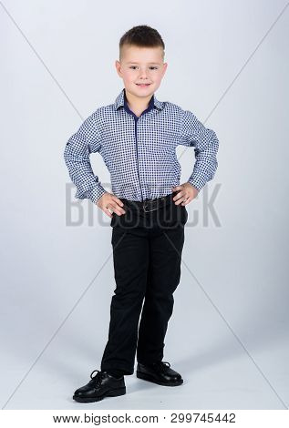 Business School. Upbringing And Development. Confident Boy. Little Boy Wear Formal Clothes. Cute Boy