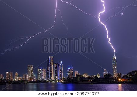 Gold Coast, Australia - March 14 2019: Gold Coast Skyline Being Lit Up With Lightening Bolts And A D