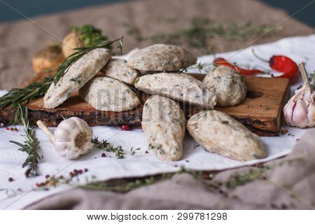 Wooden Background. Raw Turkey Cutlets On A Wooden Board. Prepare Dinner