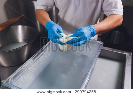 Artisan Cheesemaker Cuts The Mozzarella With Hands.