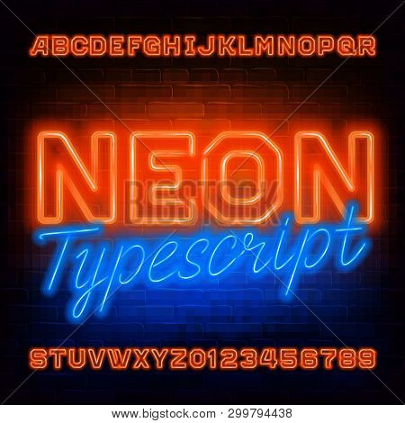 Orange Neon Alphabet Font. Light Bulb Letters And Numbers. Stock Vector Typescript For Your Typograp