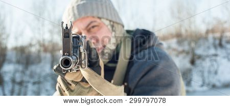 Kalashnikov Rifle Front View Gun Point. Direct Machine Gun Close-up