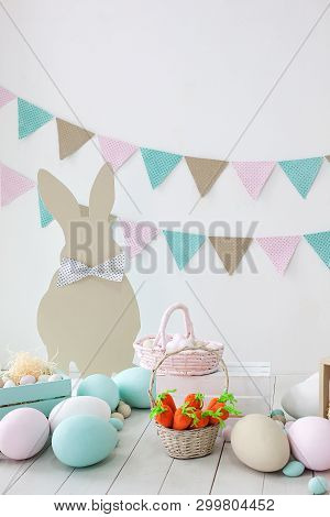 Easter! Many Colorful Easter Eggs With Bunnies And Baskets! Easter Decoration Of The Room, Children 
