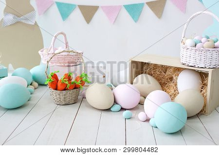 Easter! Many Colorful Easter Eggs With Bunnies And Baskets! Easter Decoration Of The Room, Children 