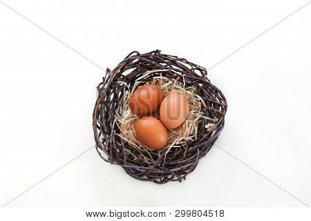 Easter! Chicken Eggs In A Nest With Branches, Agriculture.
Easter Eggs On The Table In The Nest.
Bei