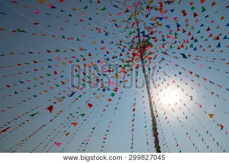 Multi-color Triangle Pray Flags At Thai Celebration Festival