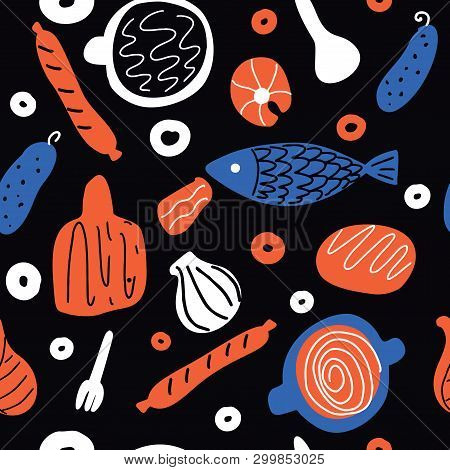 Hand Drawn Vector Seamless Foodpattern In Scandinavian Style.