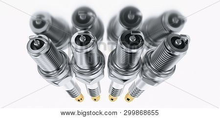 Spare Parts Spark Plugs On White Background For Car And Motorcycle. New Auto Parts Spark Plug. 3d Re