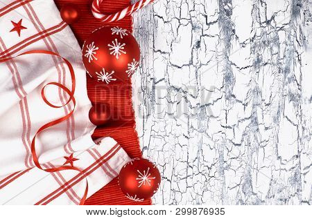 Red And White Background With Christmas Decorations, Space