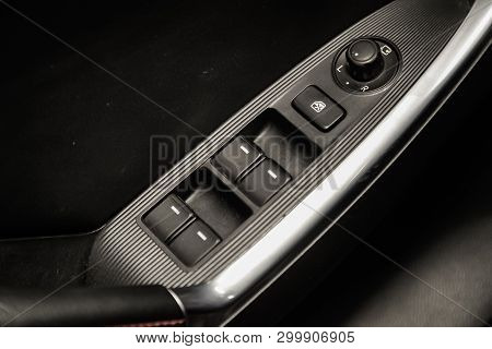 Novosibirsk, Russia - May 06, 2019:  Mazda Cx-5, Close-up Of The Side Door Buttons: Window Adjustmen