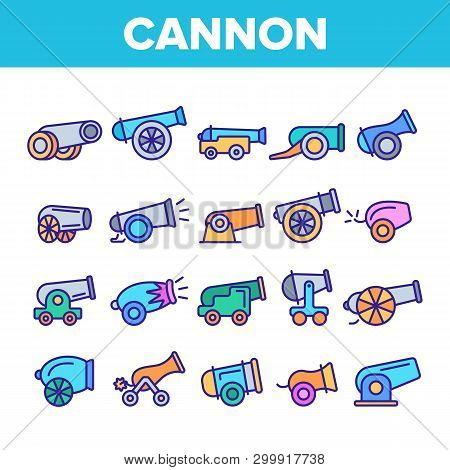 Old Cannons, Artillery Linear Icons Vector Set. Historic Weapon, War Cannons, Guns Thin Line Illustr