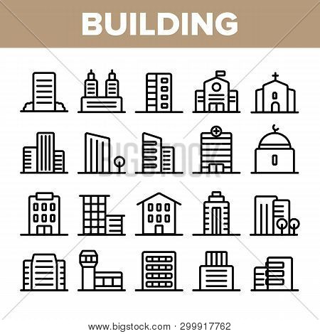 City, Town Buildings Linear Icons Vector Set. High Rise, Multi Storey Buildings, Skyscraper Facades 