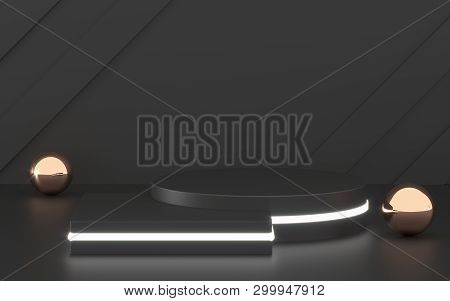 3d Rendering Black Podium Geometry With Gold Elements. Abstract Geometric Shape Blank Podium. Minima