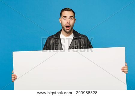 Handsome Young Unshaven Man Hold Big White Empty Blank Billboard For Promotional Content Isolated On
