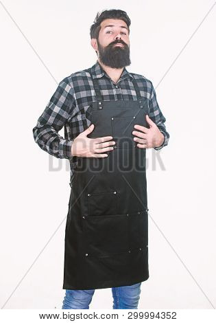 Work Addiction. Hipster Getting Ready For Work Routine In Barbershop Or Kitchen. Bearded Man Wearing