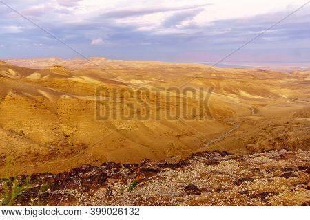 Sunset View Of The Judaean Desert And The Dead Sea, From Moab Viewpoint, Southern Israel