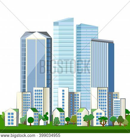 Big Modern City. Light Pleasant Cityscape. High-rise Buildings, Skyscrapers And High-rise Buildings.