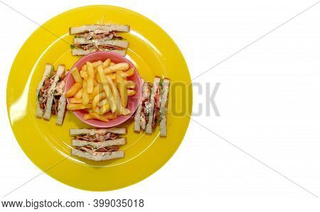 A Delicious Organic Snack Of Fried Potatoes, Meat, Bread And Tomato Puree Is Beautifully Laid Out In