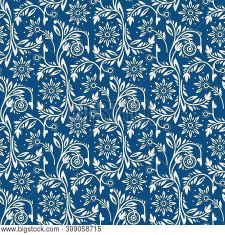 Victorian Style Floral Seamless Pattern. Whiye Plants On Blue Background