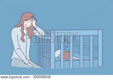 Tiredness, Exhaustion, Sleep Lack Concept. Young Tired Woman Mother Cartoon Character Sitting Near C